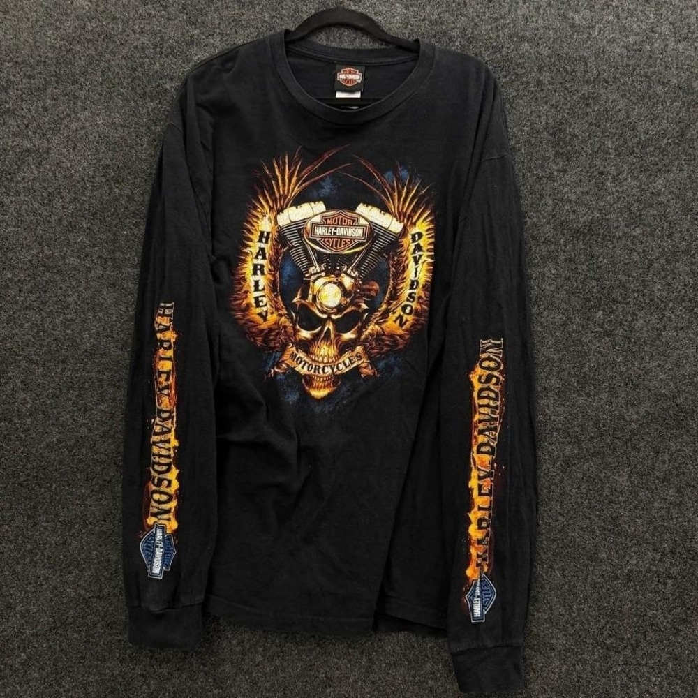 Harley Davidson Long Sleeve Men's XL Black Flaming Skull Biker Graphic Shirt